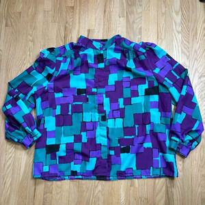 Vintage en vogue Oversized Baggy Color block Long Sleeve Button Up  Blouse Top